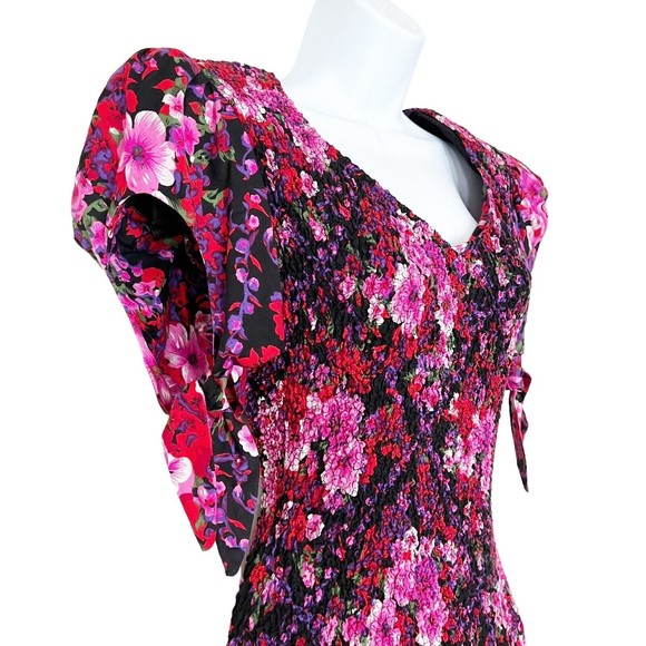 PANTAGIS Vtg 80s Drop Waist Floral Long Dress Rayon Big Shoulder Cutout Stretch - Picture 3 of 15